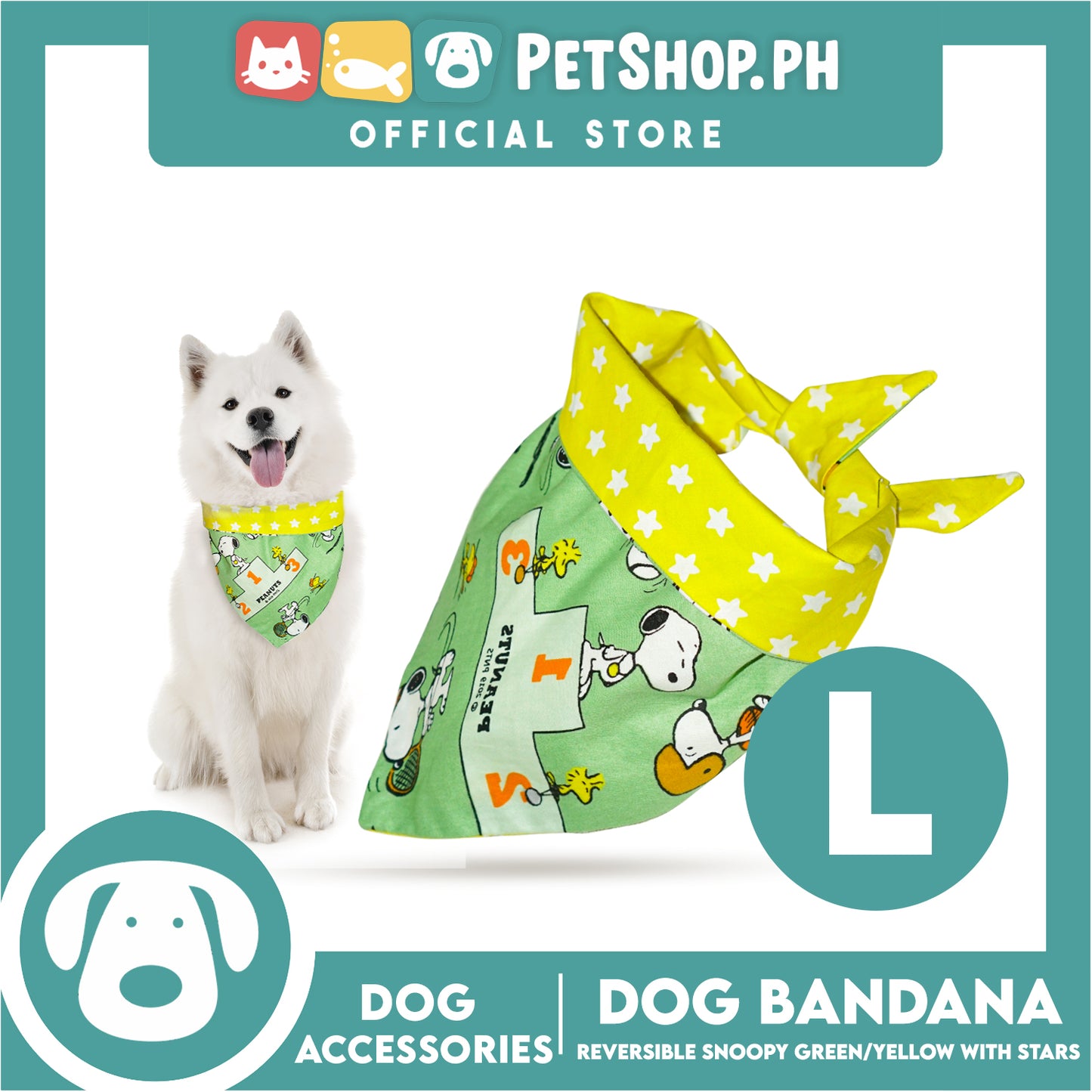 Dog Pet Bandana (Large) Reversible Snoopy Green/Yellow with Stars Washable Scarf