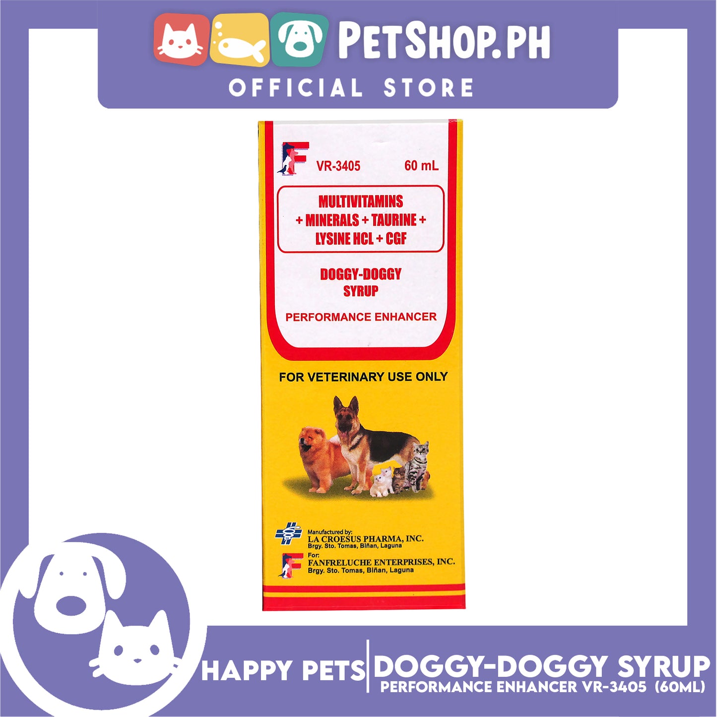 Happy Pets Doggy Doggy Syrup, Multivitamins + Minerals + Taurine + Lysine HCL + CGF Enhancer for Cats and Dogs 60ml