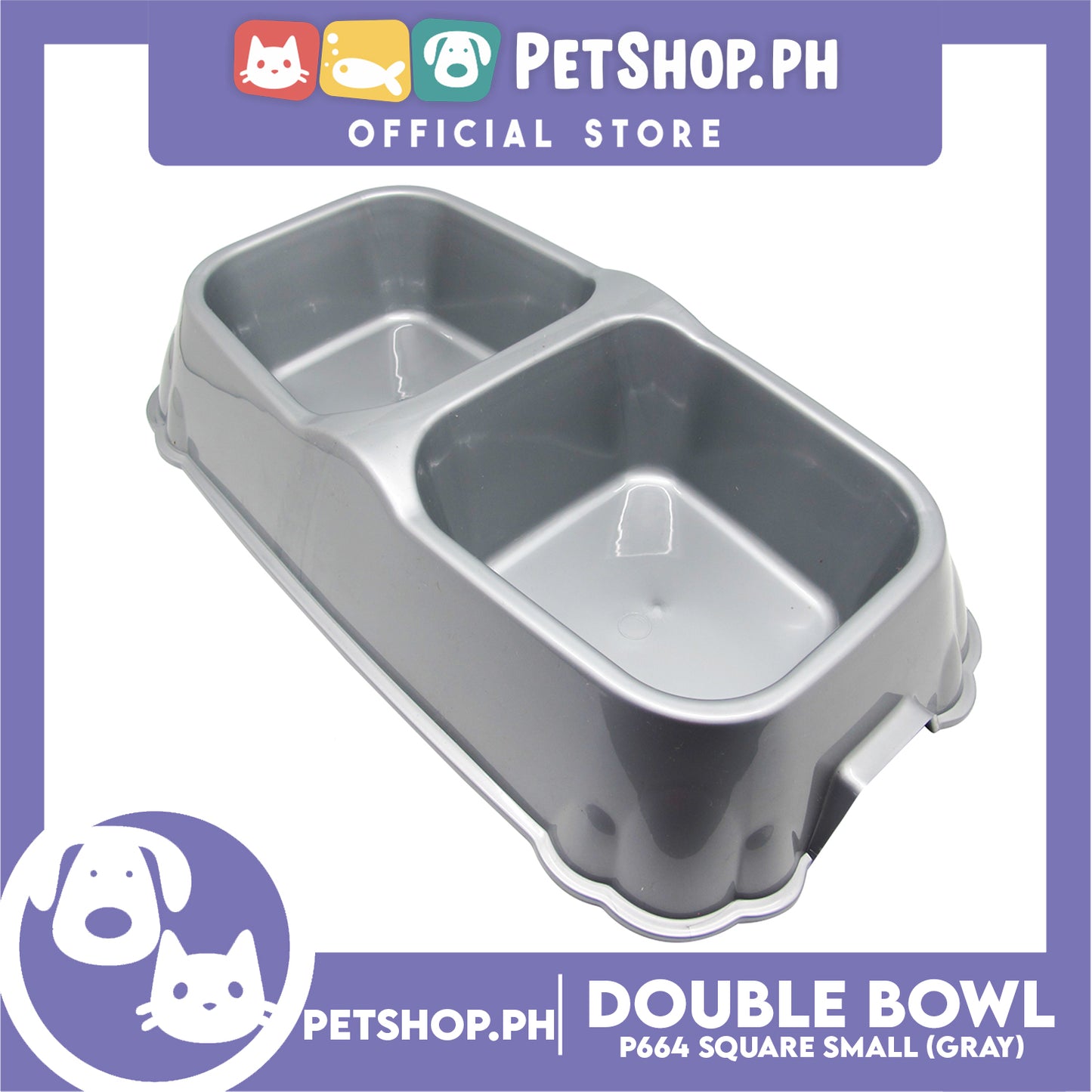 Petshop.ph P664 Square Double Bowl Small Gray