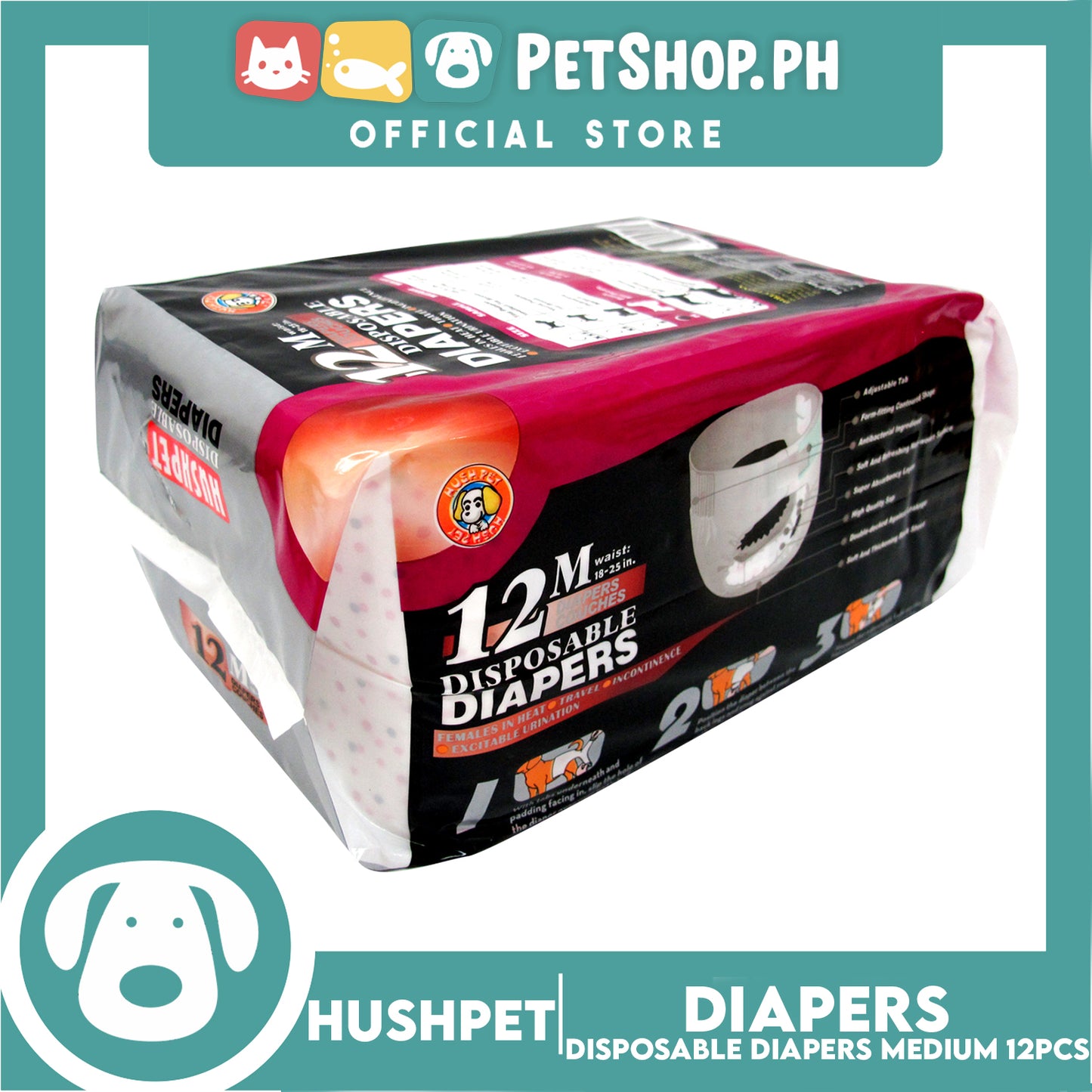 Hushpet Deluxe Disposable Dog Diapers 12pcs. (Medium)