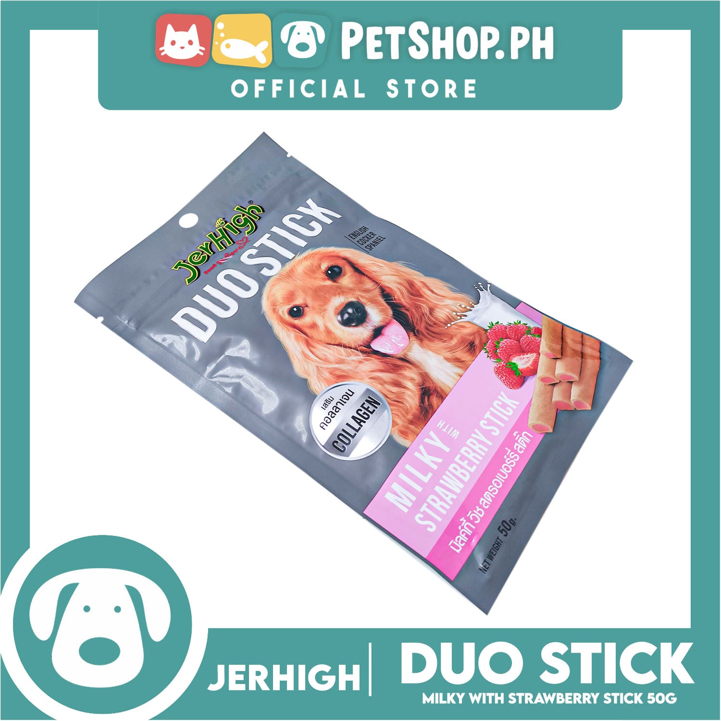 Jerhigh Duo Stick Dog Treats 50g (Milky With Strawberry Stick) Premium Snack For Dogs