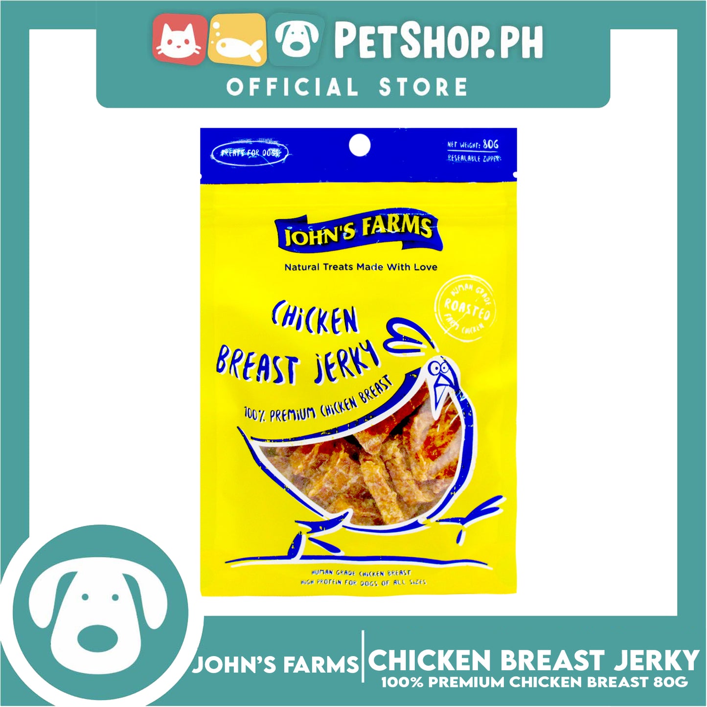 John's Farms Dog Food, High Protein For Dogs Of All Sizes, Resealable Zipper 80g (Chicken Breast Jerky) Dog Treats