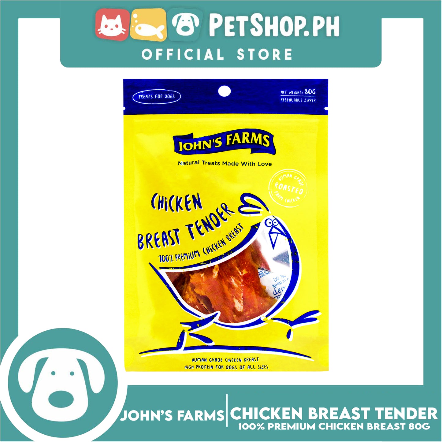John's Farms Dog Food, High Protein For Dogs Of All Sizes, Resealable Zipper 80g (Chicken Breast Tenders) Dog Treats