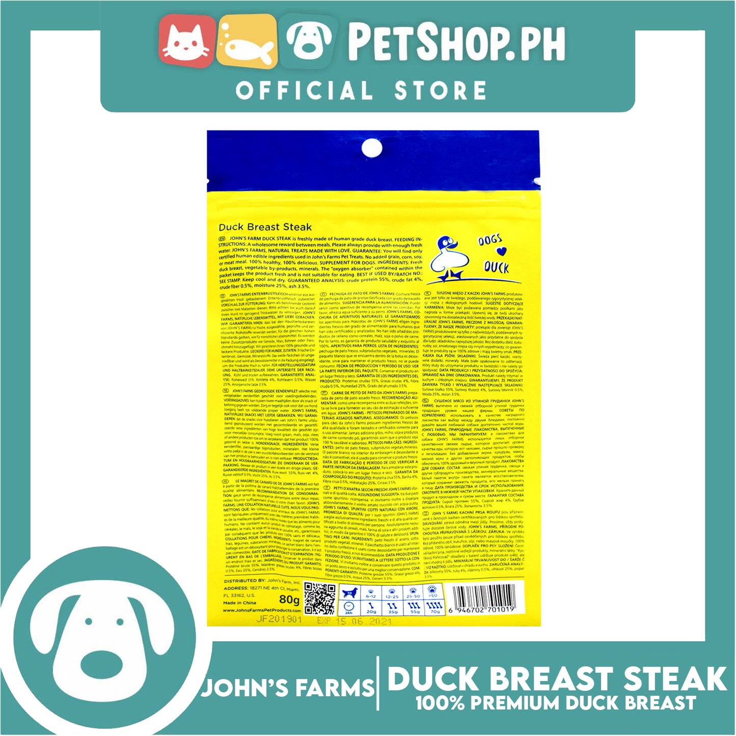 John's Farms Dog Food, High Protein For Dogs Of All Sizes, Resealable Zipper 80g (Duck Breast Steak) Dog Treats
