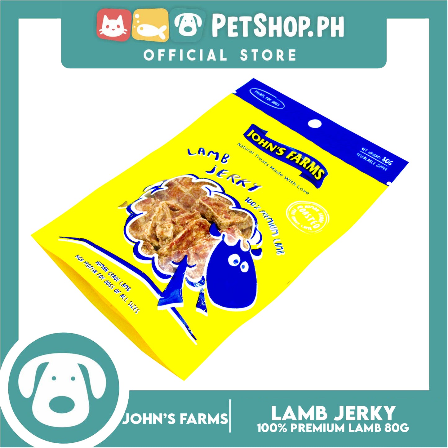 John's Farms Dog Food, High Protein For Dogs Of All Sizes, Resealable Zipper 80g (Lamb Jerky) Dog Treats