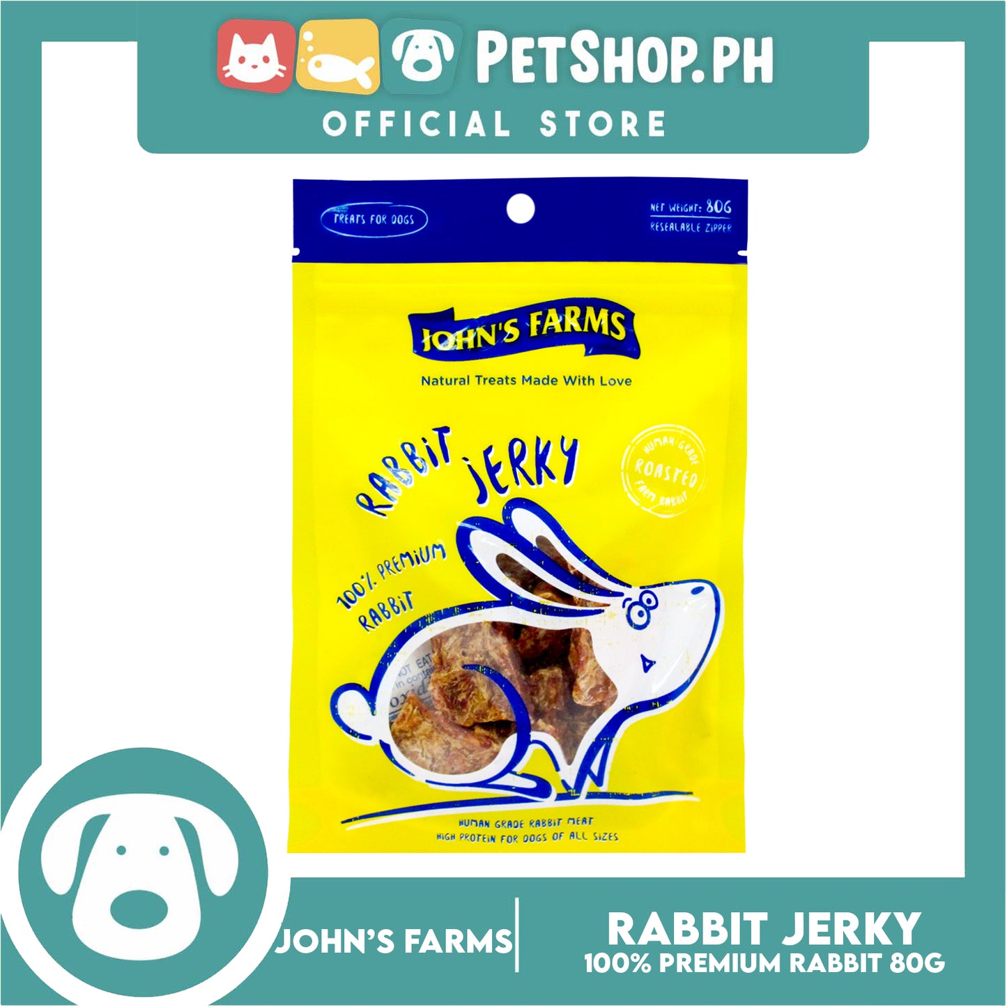 John's Farms Dog Food, High Protein For Dogs Of All Sizes, Resealable Zipper 80g (Rabbit Jerky) Dog Treats