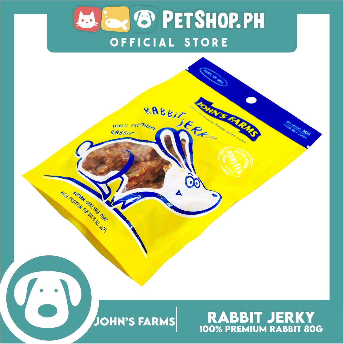 John's Farms Dog Food, High Protein For Dogs Of All Sizes, Resealable Zipper 80g (Rabbit Jerky) Dog Treats