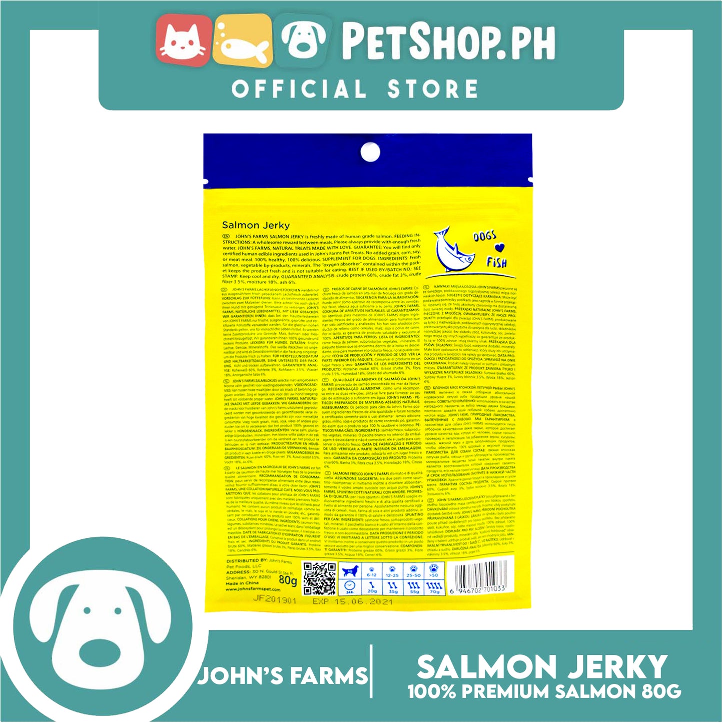 John's Farms Dog Food, High Protein For Dogs Of All Sizes, Resealable Zipper 80g (Salmon Jerky) Dog Treats