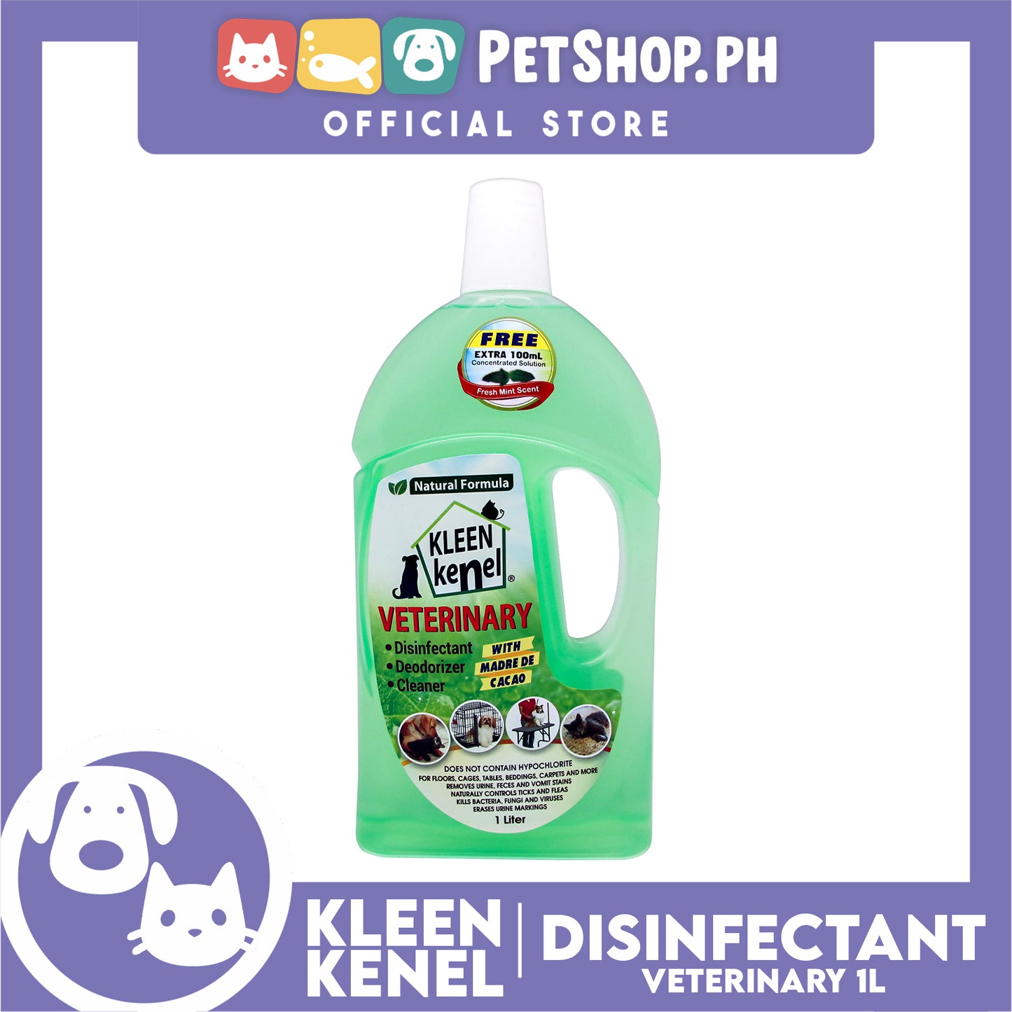 Kleen Kenel Pet Disinfectant Deodorizer Cleaner With Madre De Cacao 1 Liter (Fresh Mint Scent)