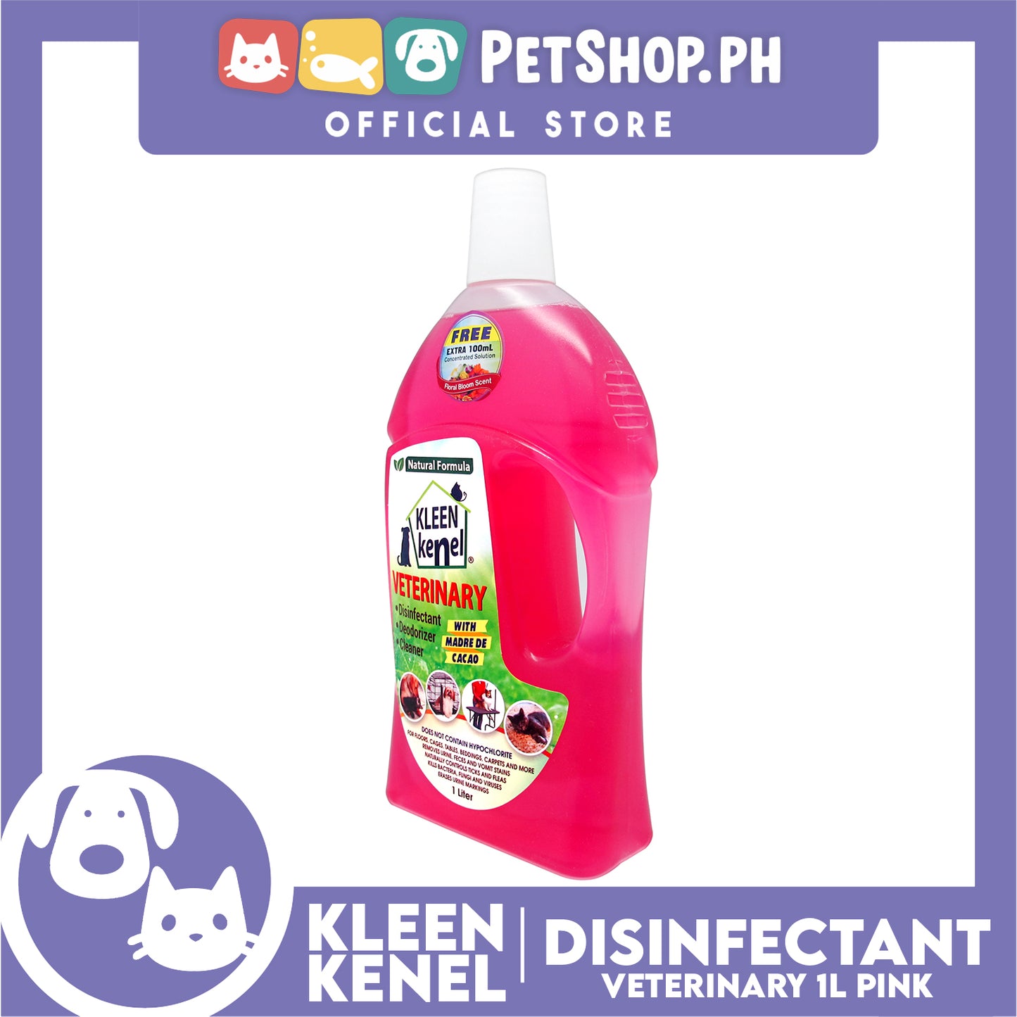 Kleen Kenel Pet Disinfectant Deodorizer Cleaner With Madre De Cacao 1 Liter (Floral Boom Scent)