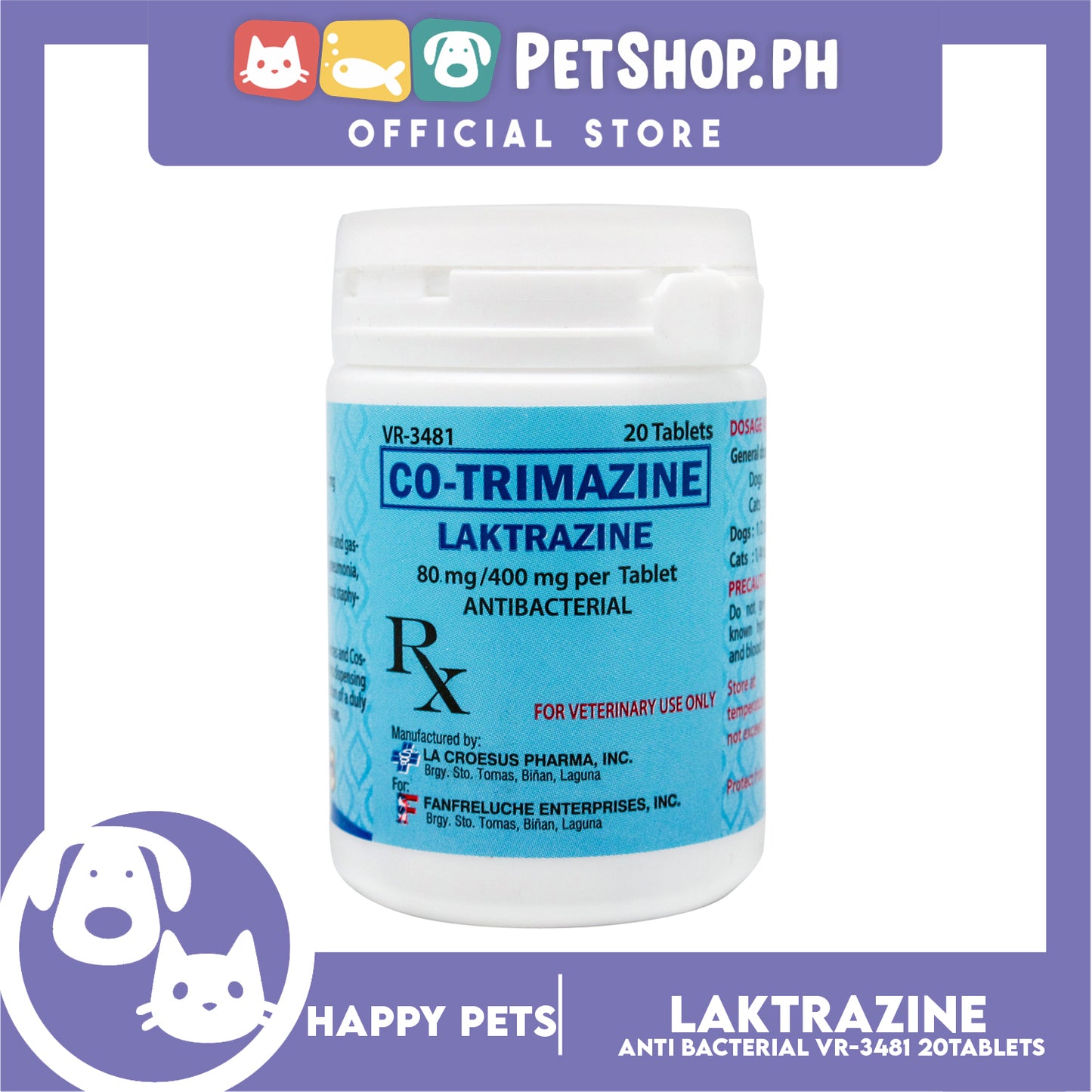 Happy Pets Co-Trimazine Laktrazine 20 Tablets Antibacterial 80mg/400mg Per Tablet