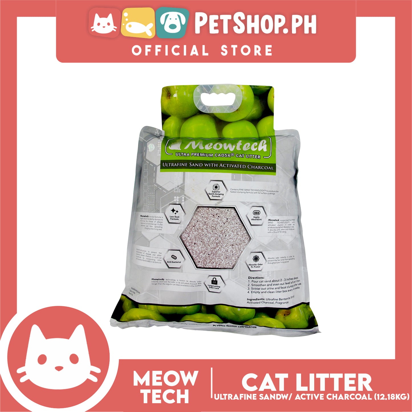 Meowtech Ultra Premium Cat Litter 12.18L (Green Apple Scent) Ultra-Fine Sand with Activated Charcoal