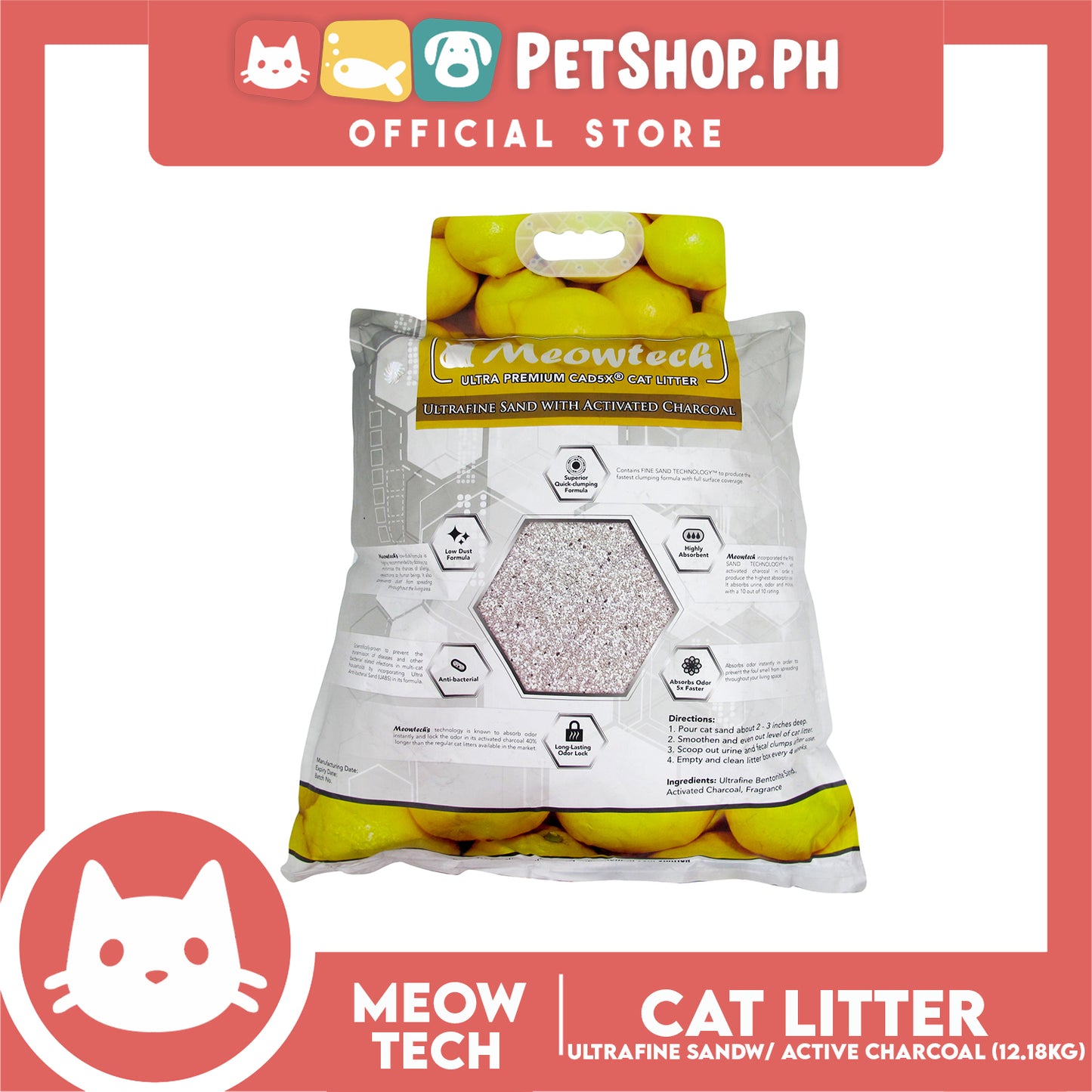 Meowtech Ultra Premium Cat Litter 12.18L (Lemon Scent) Ultra-Fine Sand with Activated Charcoal