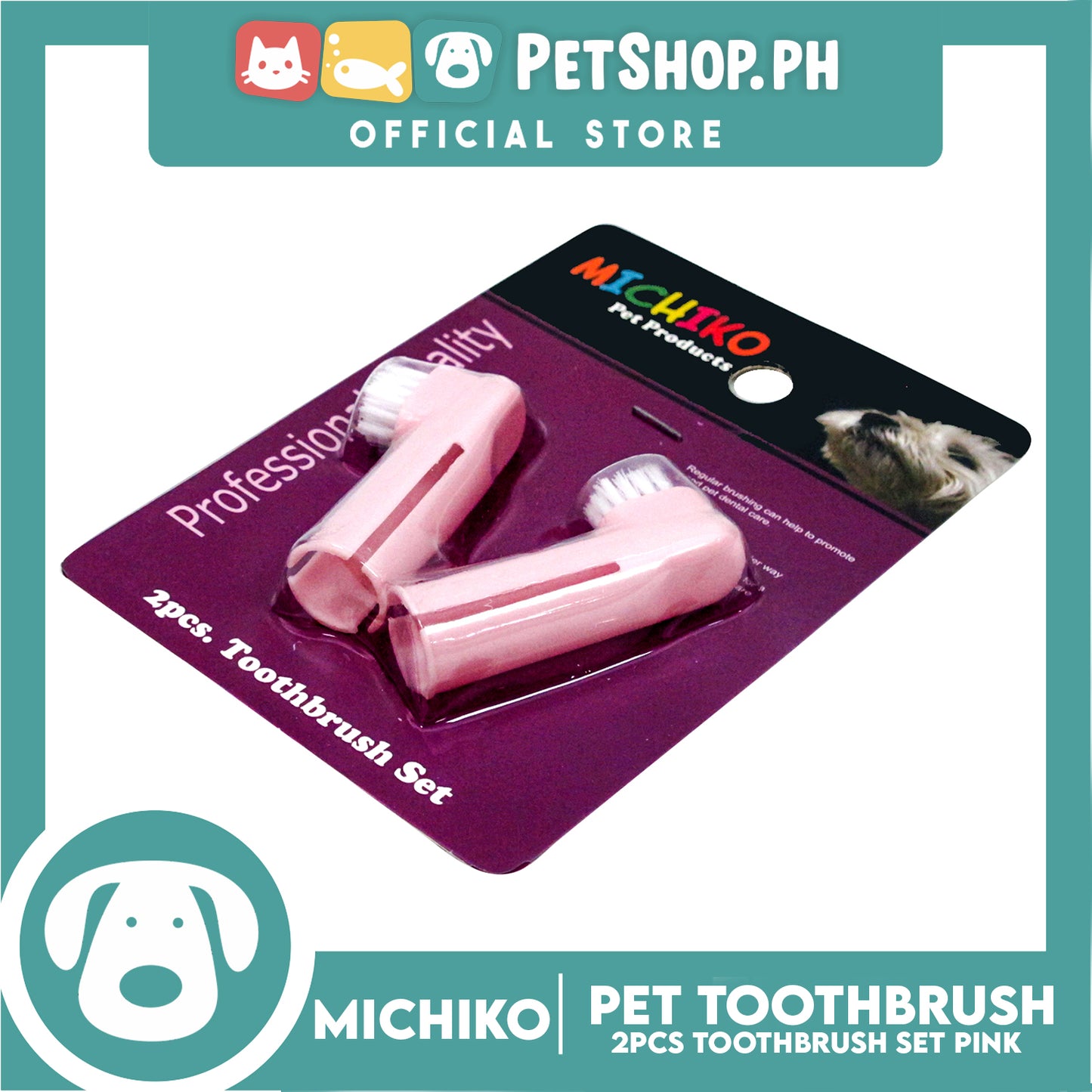 Michiko 2pcs Pet Toothbrush Set (Pink) Pet Finger Brush, Pet Finger Gum Massager, Pet Dental Care