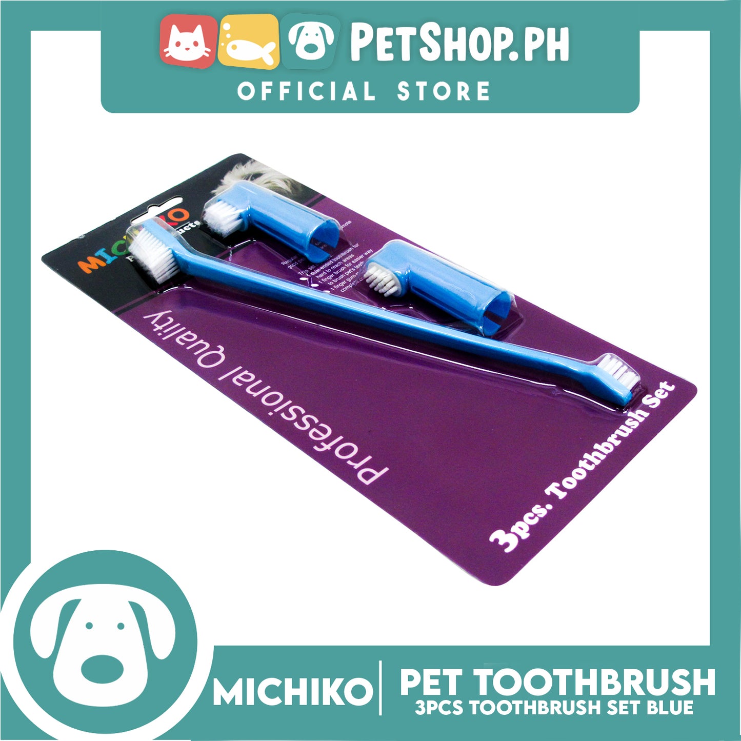 Michiko 3pcs Pet Toothbrush Set (Blue) Pet Finger Brush, Pet Finger Gum Massager, Pet Dental Care