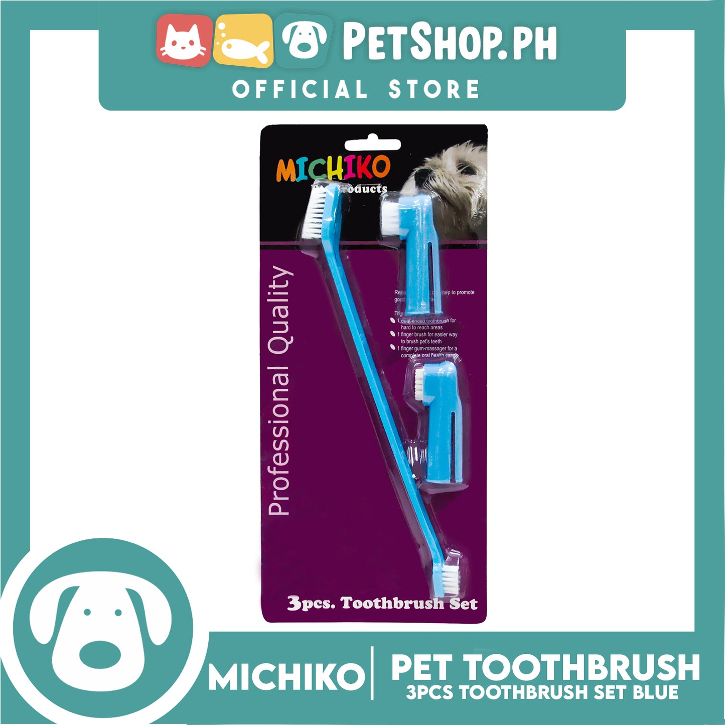 Michiko 3pcs Pet Toothbrush Set (Blue) Pet Finger Brush, Pet Finger Gum Massager, Pet Dental Care