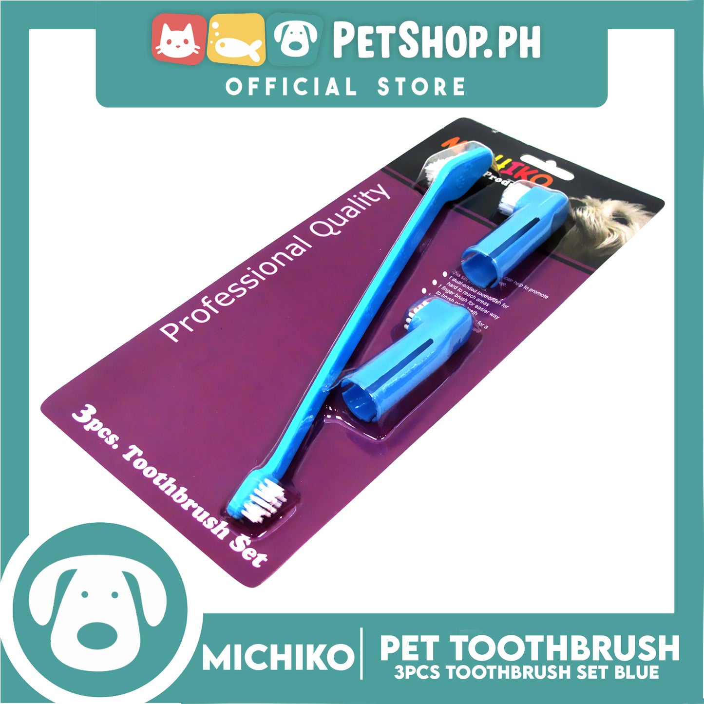 Michiko 3pcs Pet Toothbrush Set (Blue) Pet Finger Brush, Pet Finger Gum Massager, Pet Dental Care