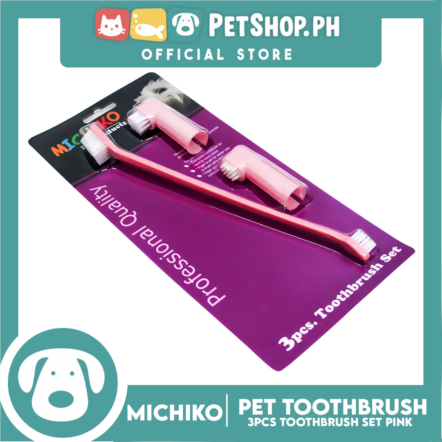 Michiko 3pcs Pet Toothbrush Set (Pink) Pet Finger Brush, Pet Finger Gum Massager, Pet Dental Care