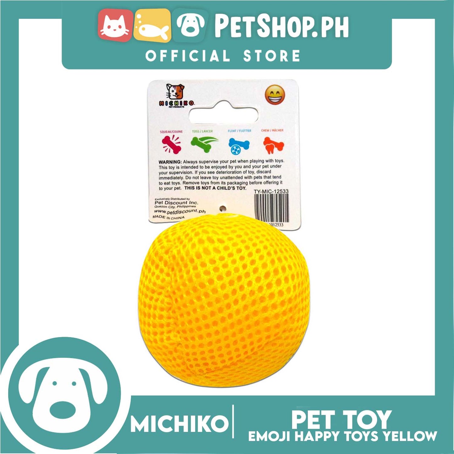 Michiko Emoji Toy Squeaky (Happy) Dog Pet Toy