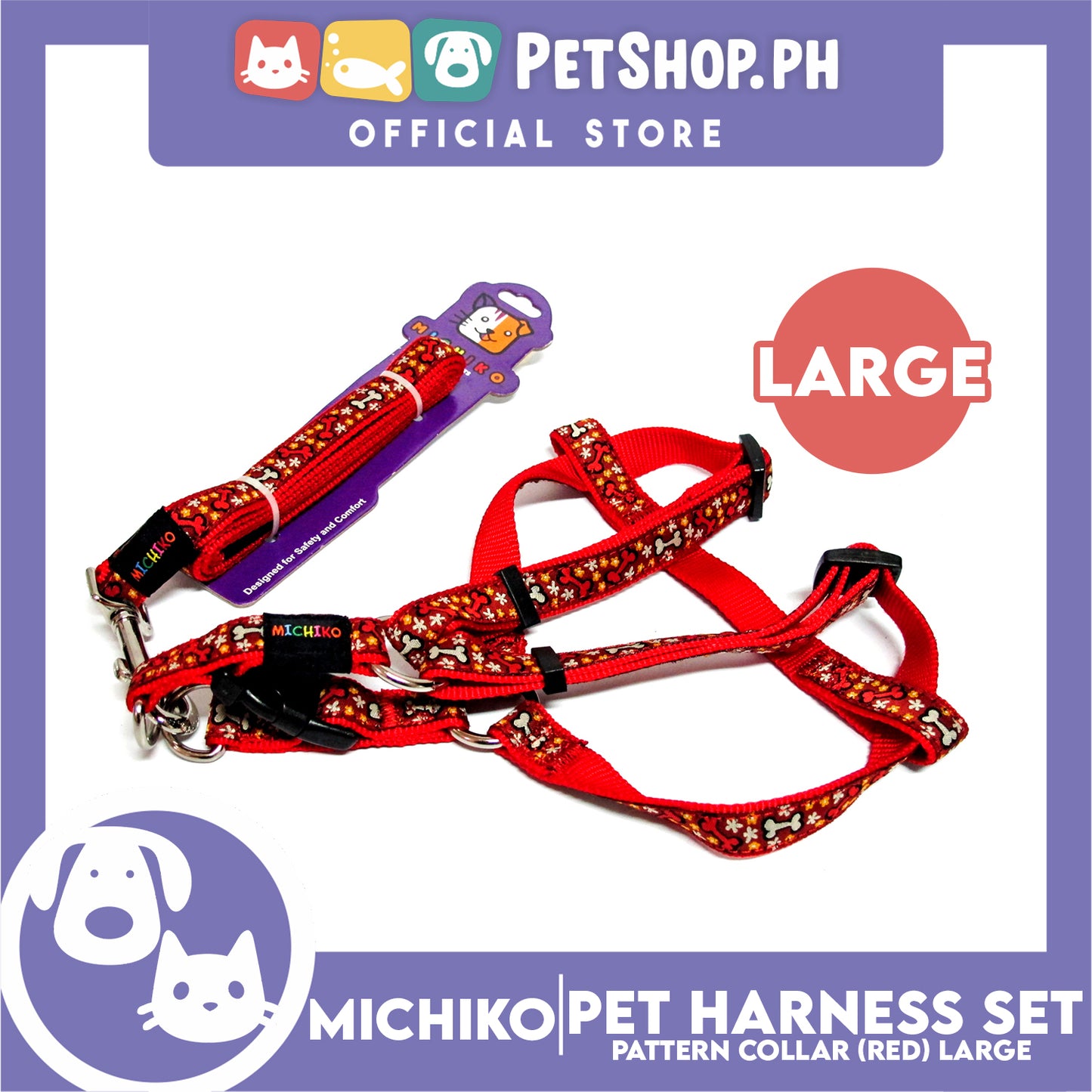 Michiko Pattern Harness Set Red (Large) Perfect for Your Dog