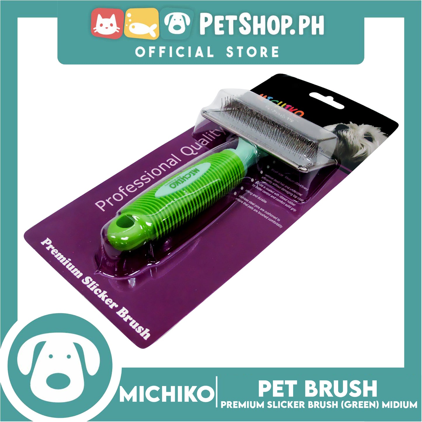 Michiko Premium Slicker Brush Green Color (Medium) Pet Brush, Pet Grooming