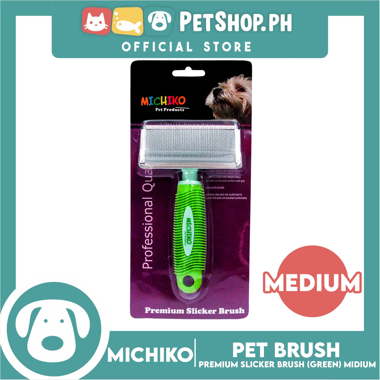 Michiko Premium Slicker Brush Green Color (Medium) Pet Brush, Pet Grooming