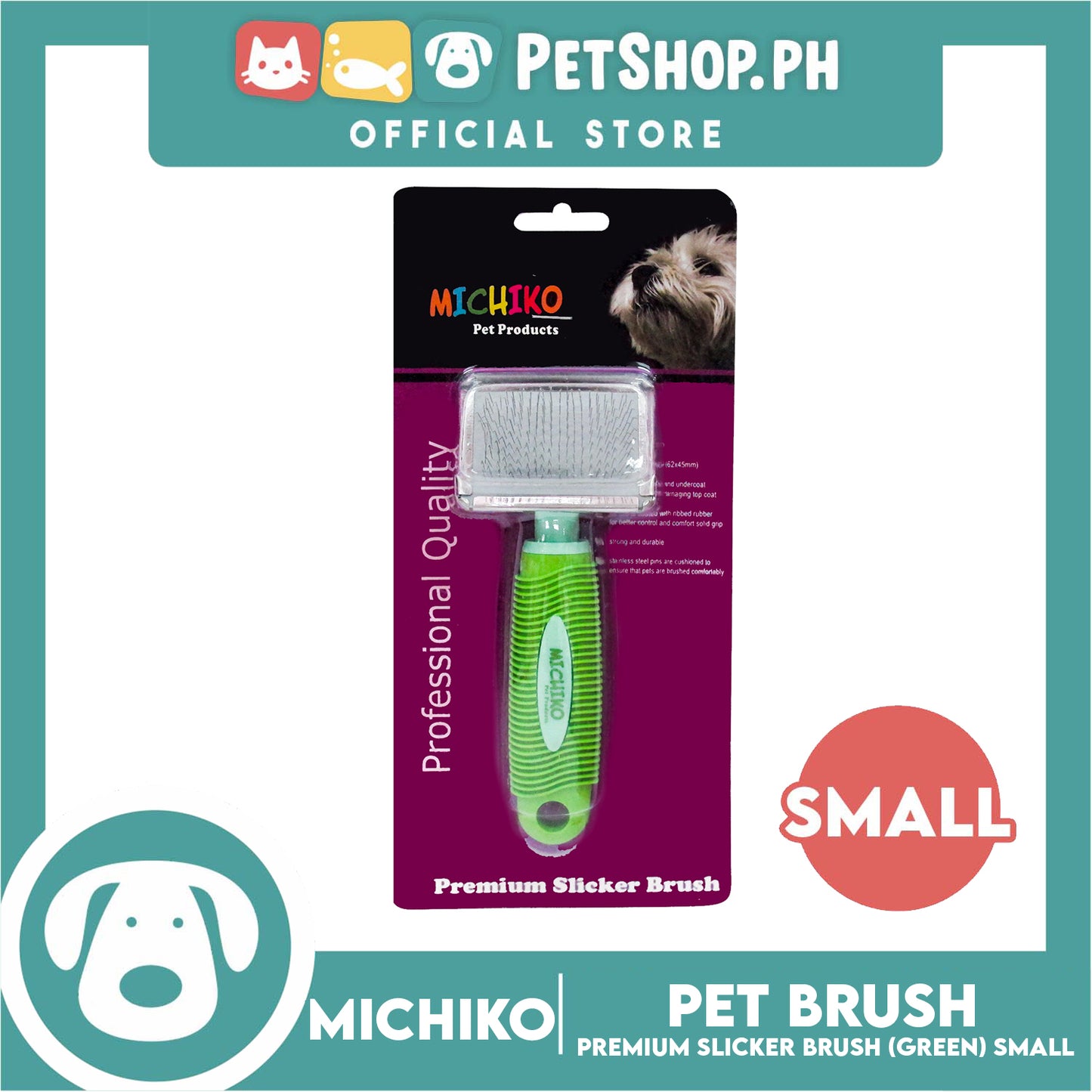 Michiko Premium Slicker Brush Green Color (Small) Pet Brush, Pet Grooming