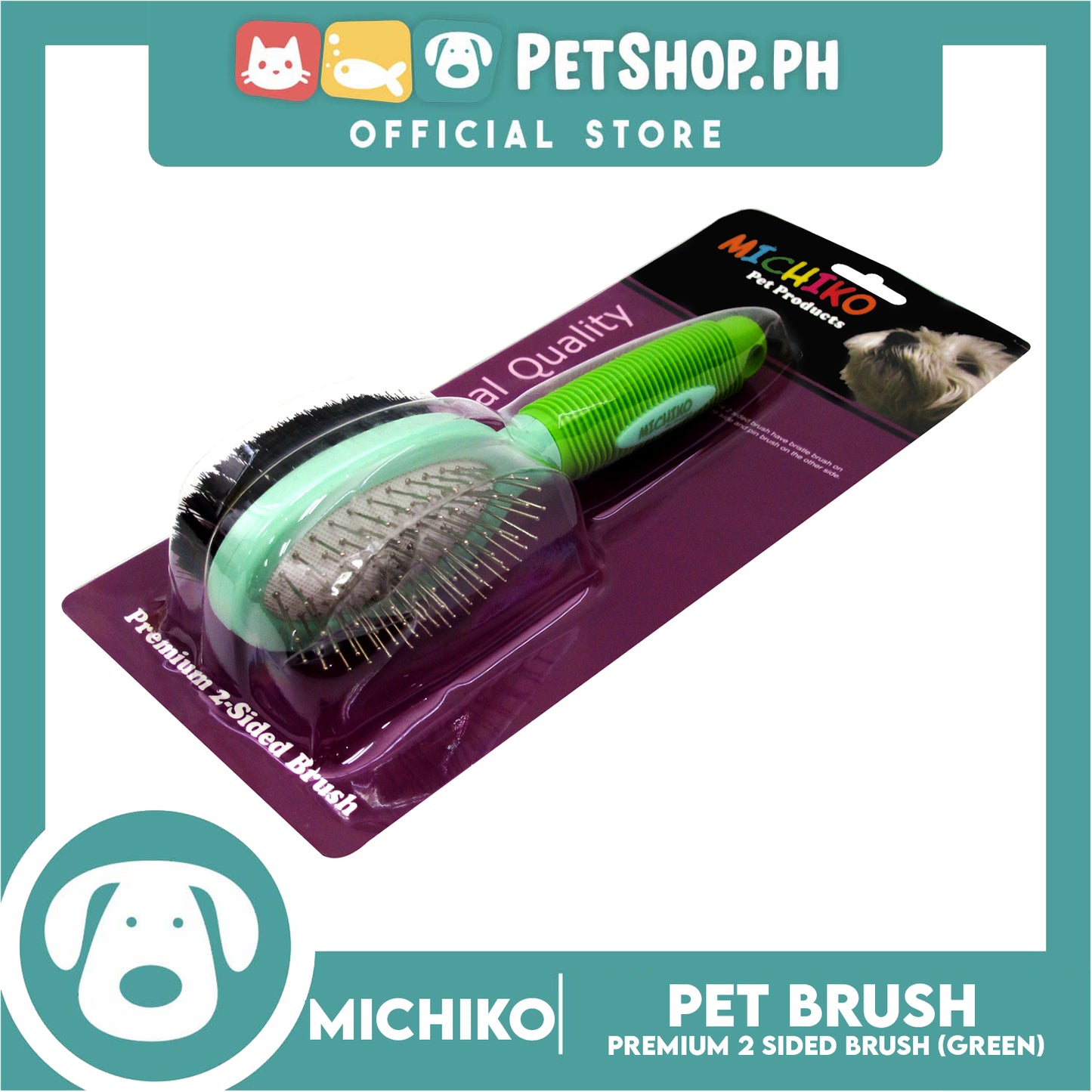 Michiko Premium 2 Sided Pet Brush (Green) Pin And Bristle Brush In One