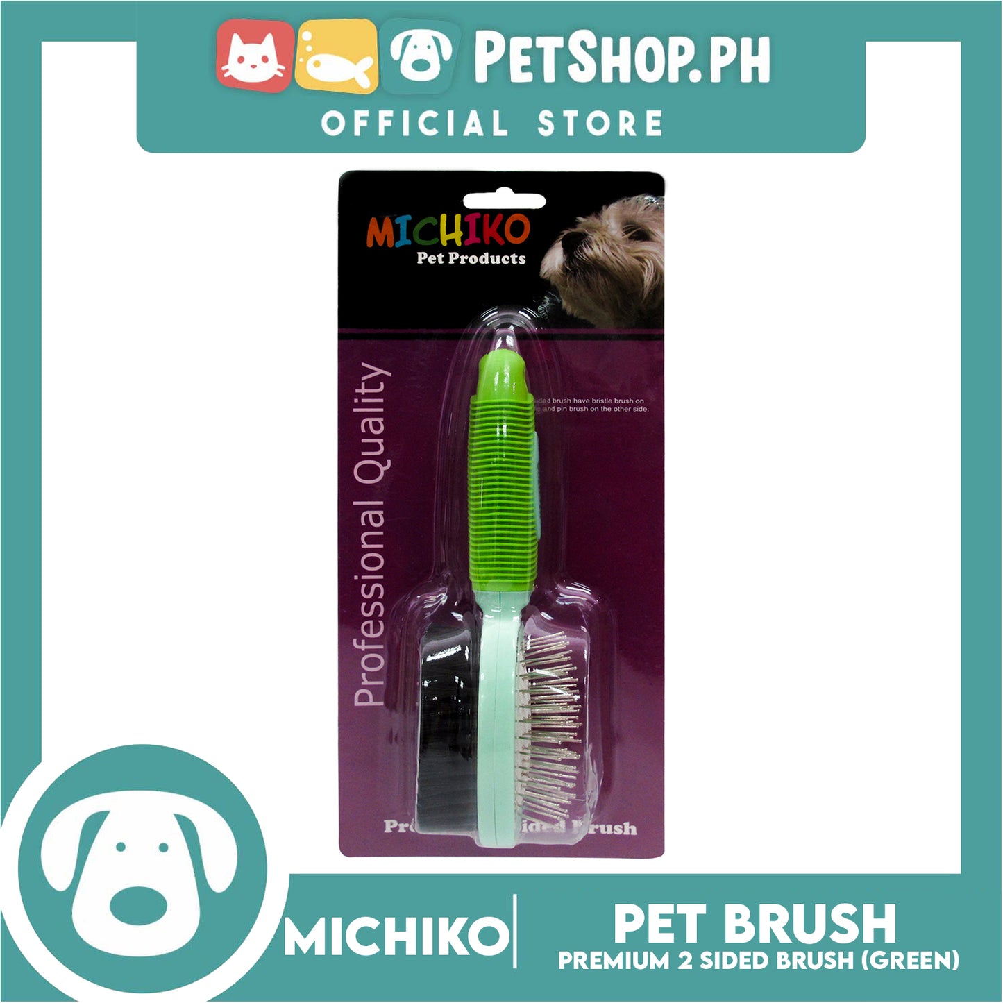 Michiko Premium 2 Sided Pet Brush (Green) Pin And Bristle Brush In One
