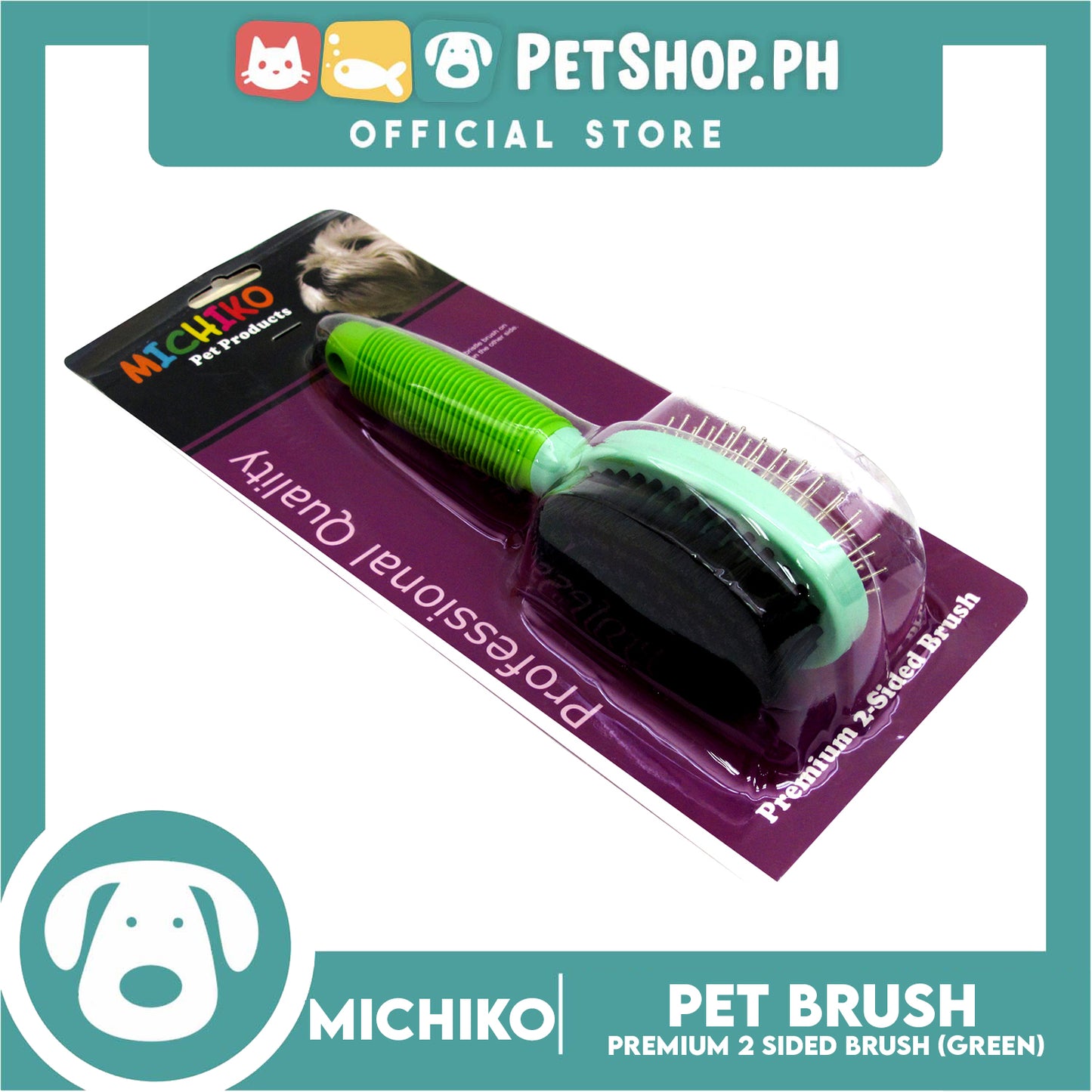 Michiko Premium 2 Sided Pet Brush (Green) Pin And Bristle Brush In One