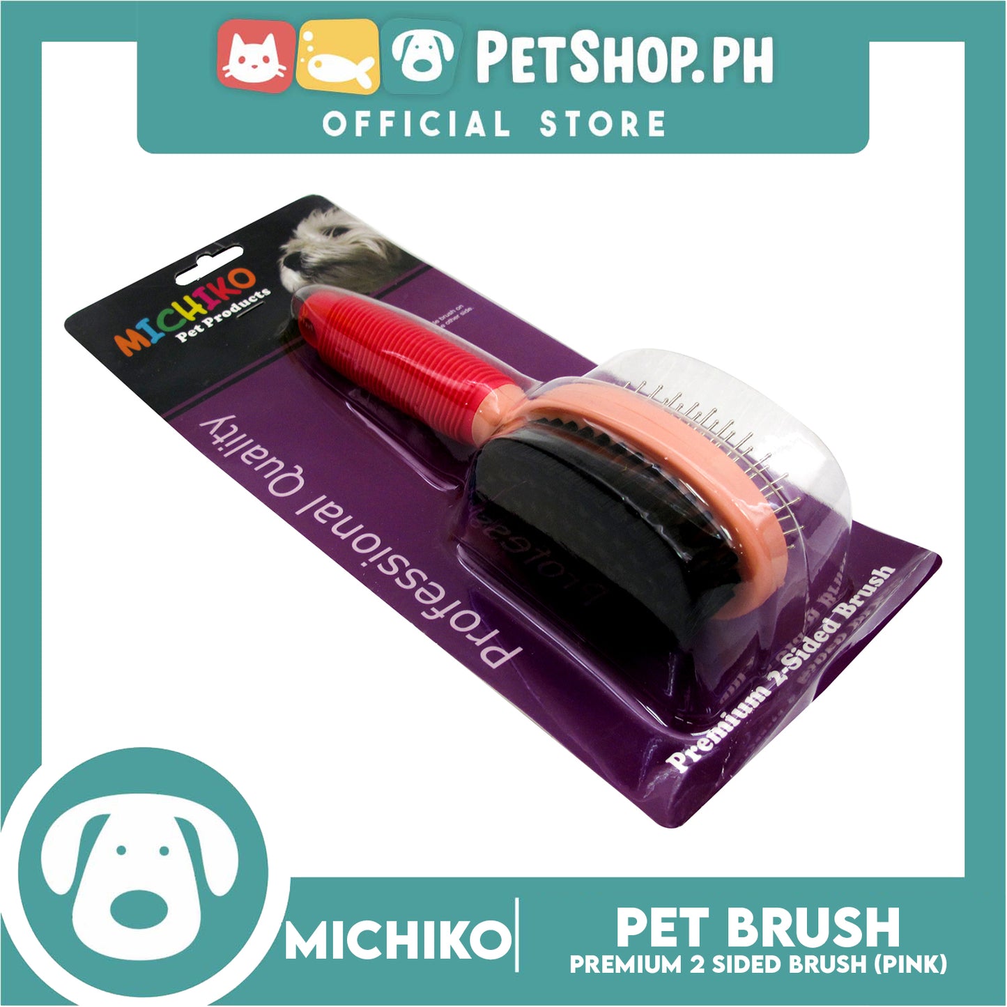Michiko Premium 2 Sided Pet Brush (Pink) Pin And Bristle Brush In One