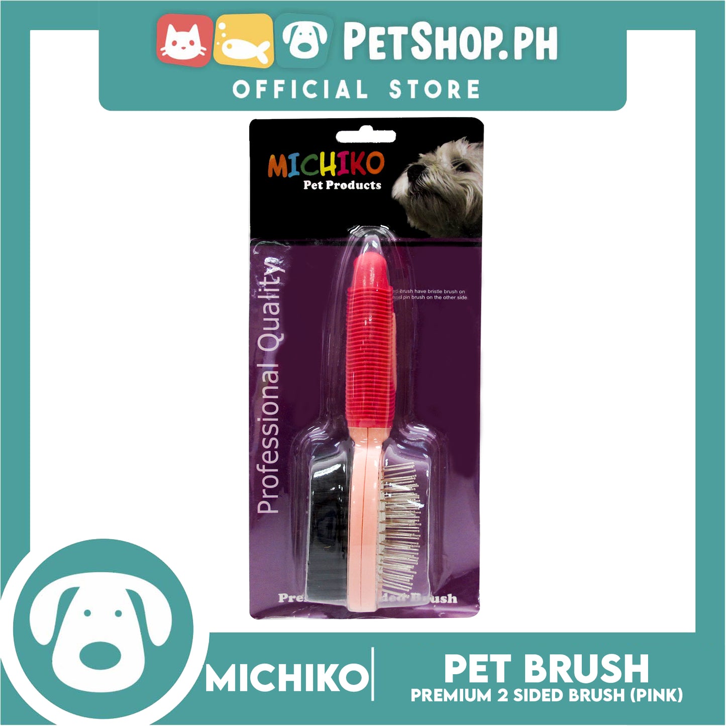 Michiko Premium 2 Sided Pet Brush (Pink) Pin And Bristle Brush In One