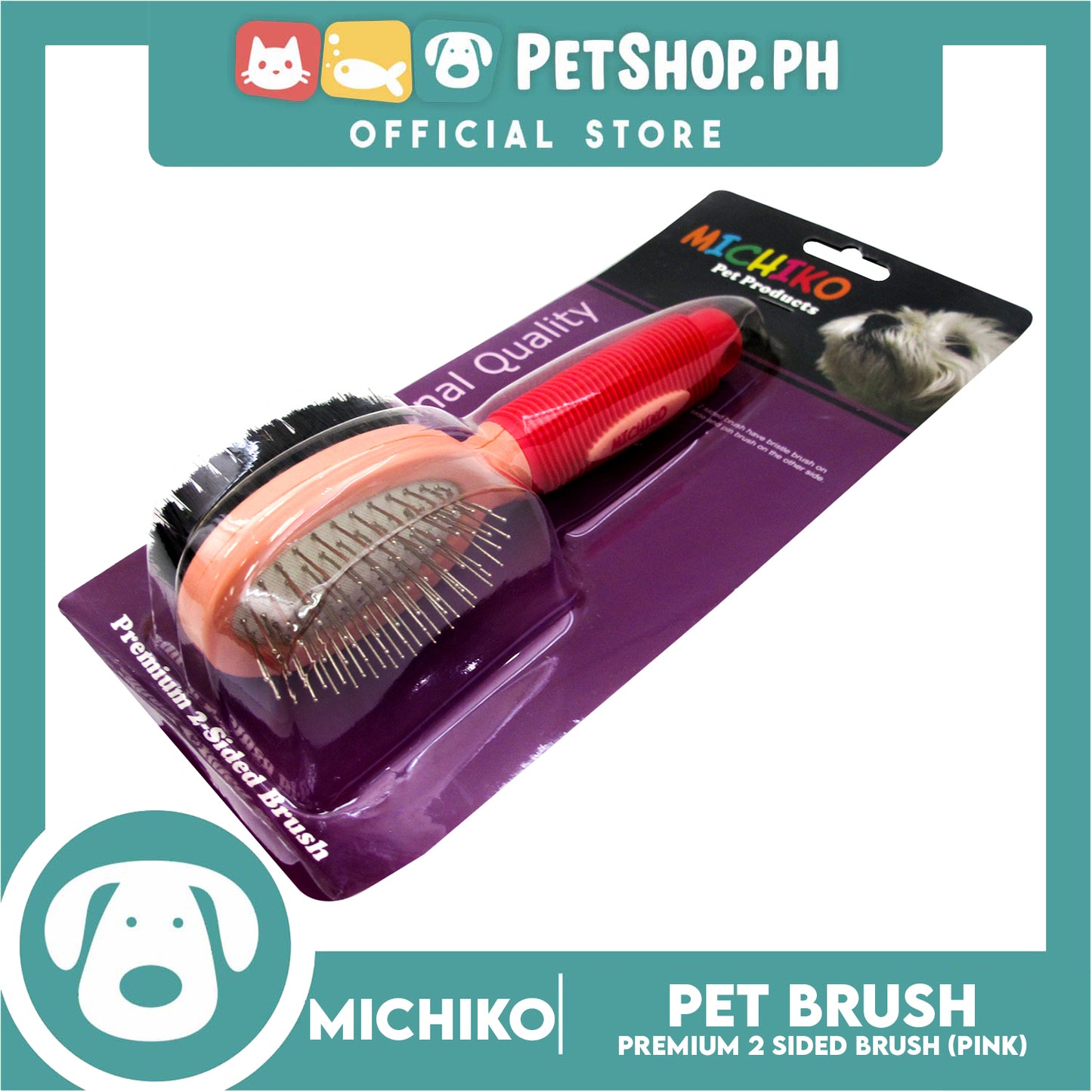 Michiko Premium 2 Sided Pet Brush (Pink) Pin And Bristle Brush In One