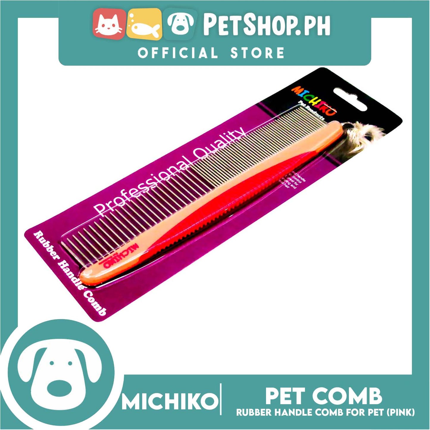 Michiko Rubber Handle Pet Comb (Pink) Pet Grooming