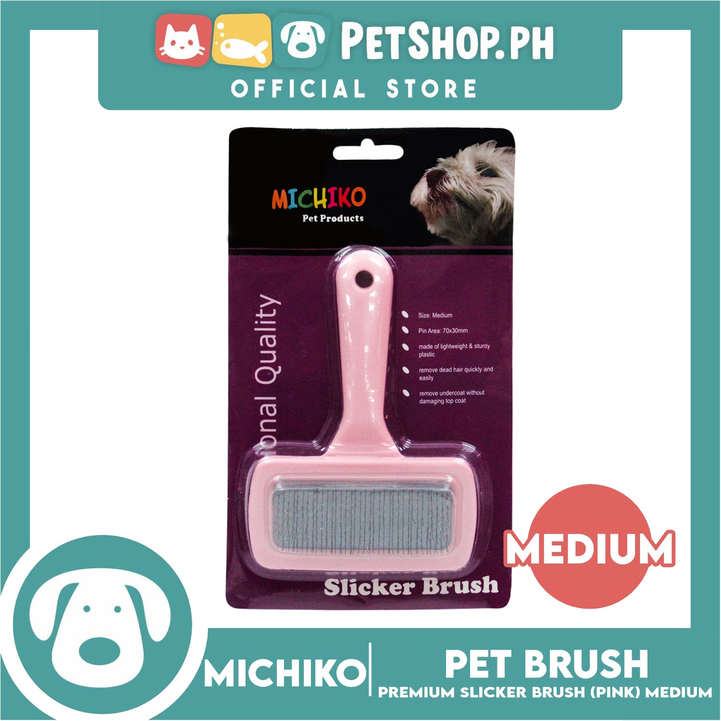 Michiko Slicker Brush Pink Color (Medium) Pet Brush, Pet Grooming