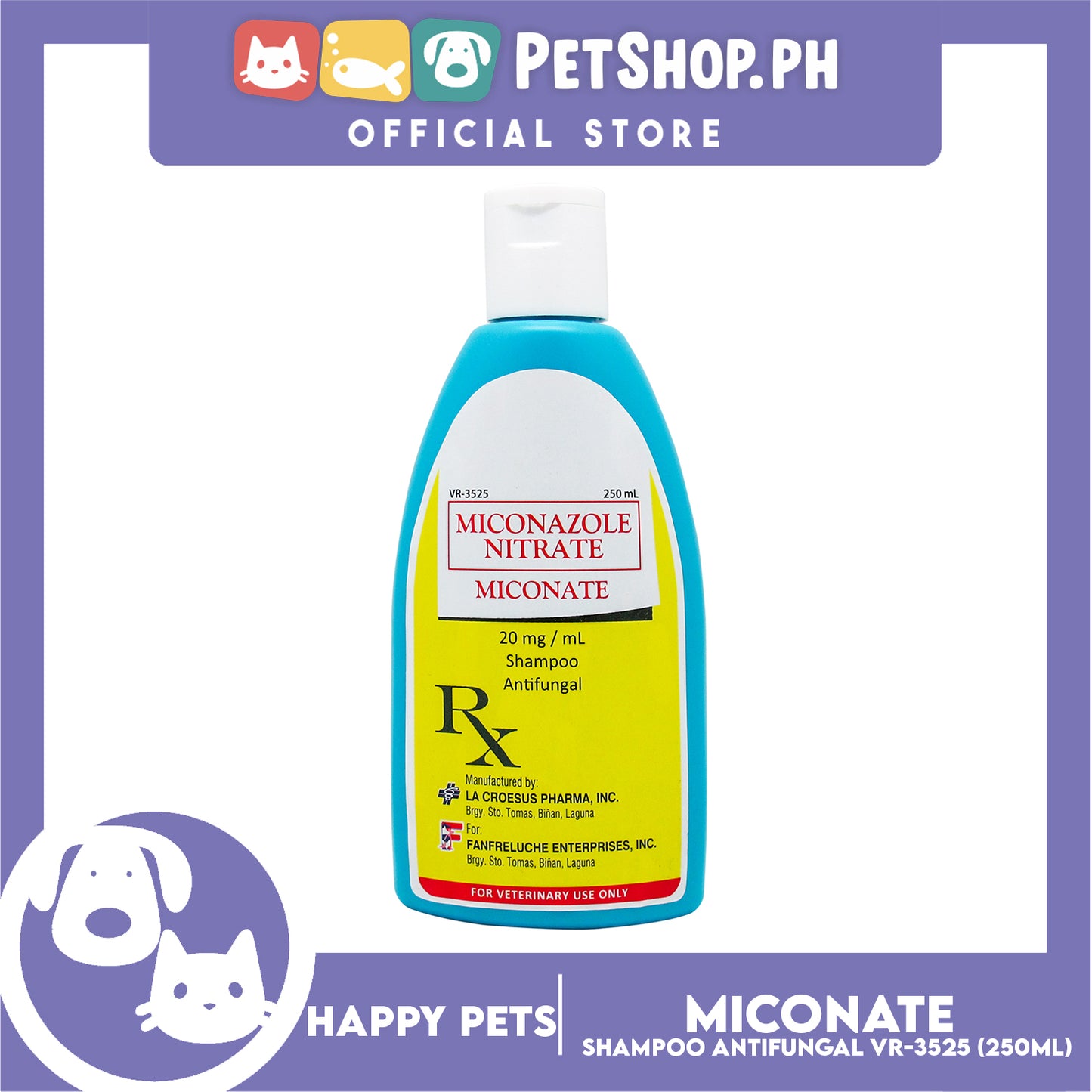 Happy Pets Miconazole Nitrate Miconate 250ml Antifungal Shampoo for Dogs and Cats