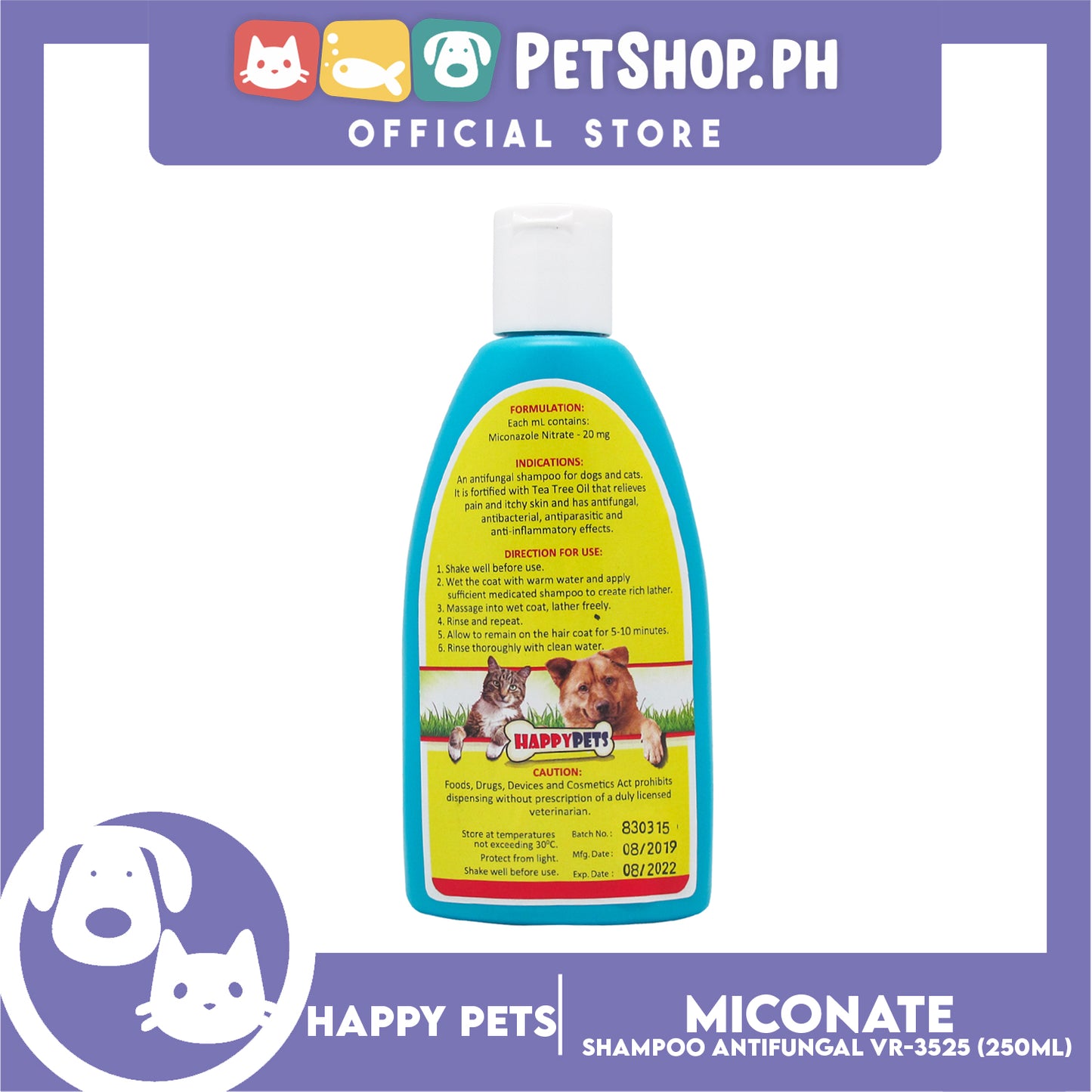 Happy Pets Miconazole Nitrate Miconate 250ml Antifungal Shampoo for Dogs and Cats