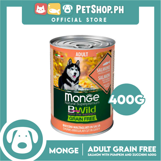 Monge Natural Superpremium Wild Feed The Instinct, Grain Free Wet Dog Food For Adult 400g (Salmon) Chunks Irregular Cut In Gravy, Dog Canned Food