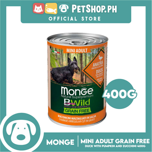 Monge Natural Superpremium BWild Feed The Instinct Grain Free Wet Dog Food For Mini Adult 400g (Anatra, Duck) Chunks Irregular Cut In Gravy, Dog Canned Food