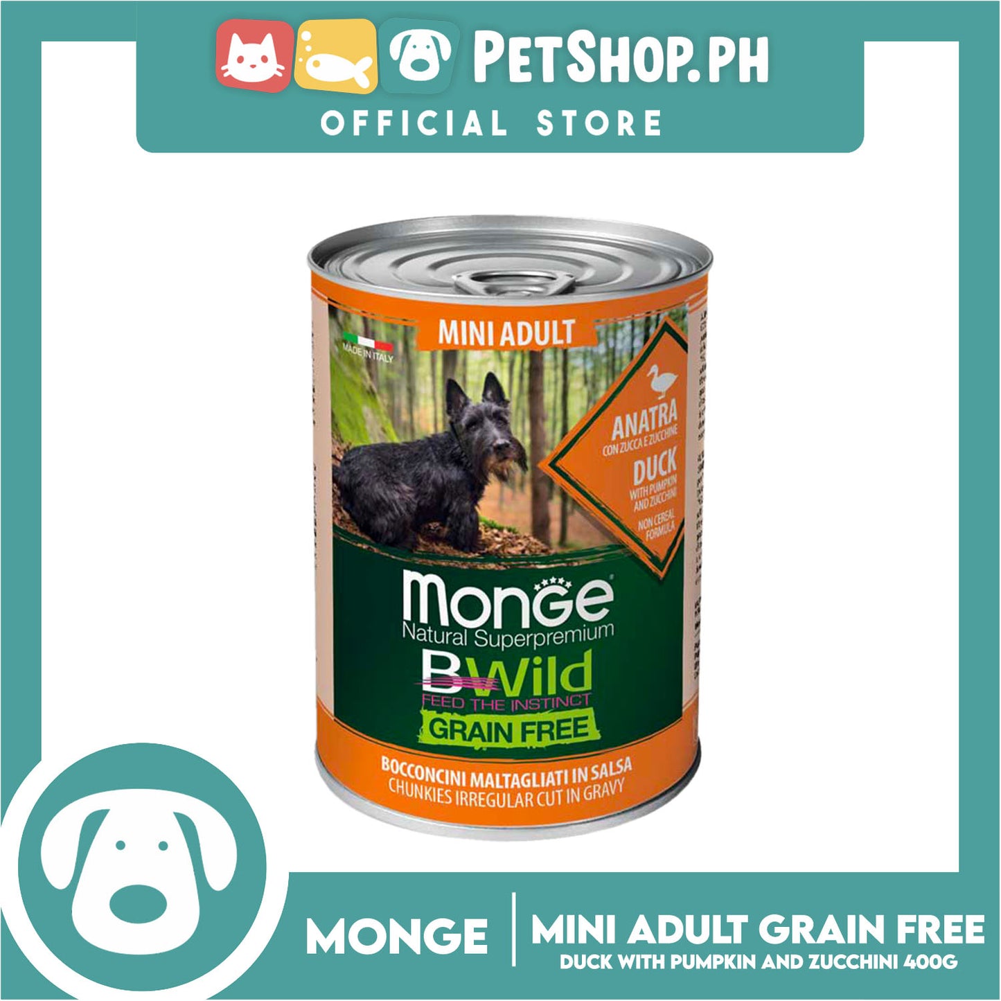 Monge Natural Superpremium BWild Feed The Instinct Grain Free Wet Dog Food For Mini Adult 400g (Anatra, Duck) Chunks Irregular Cut In Gravy, Dog Canned Food