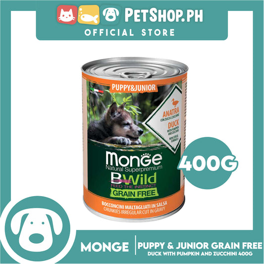 Monge Natural Superpremium BWild Feed The Instinct, Grain Free Wet Dog Food For Puppy And Junior 400g (Anatra, Duck) Chunks Irregular Cut In Gravy, Dog Canned Food