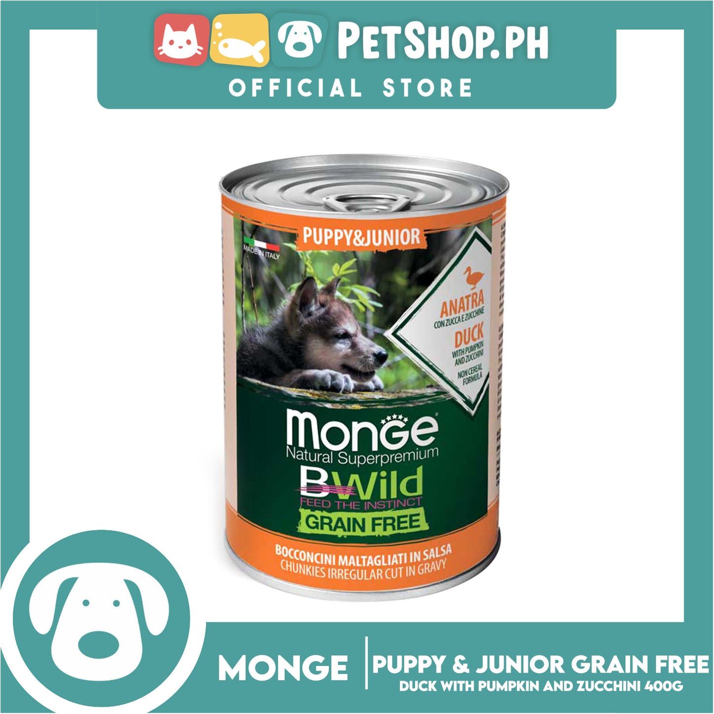 Monge Natural Superpremium BWild Feed The Instinct, Grain Free Wet Dog Food For Puppy And Junior 400g (Anatra, Duck) Chunks Irregular Cut In Gravy, Dog Canned Food