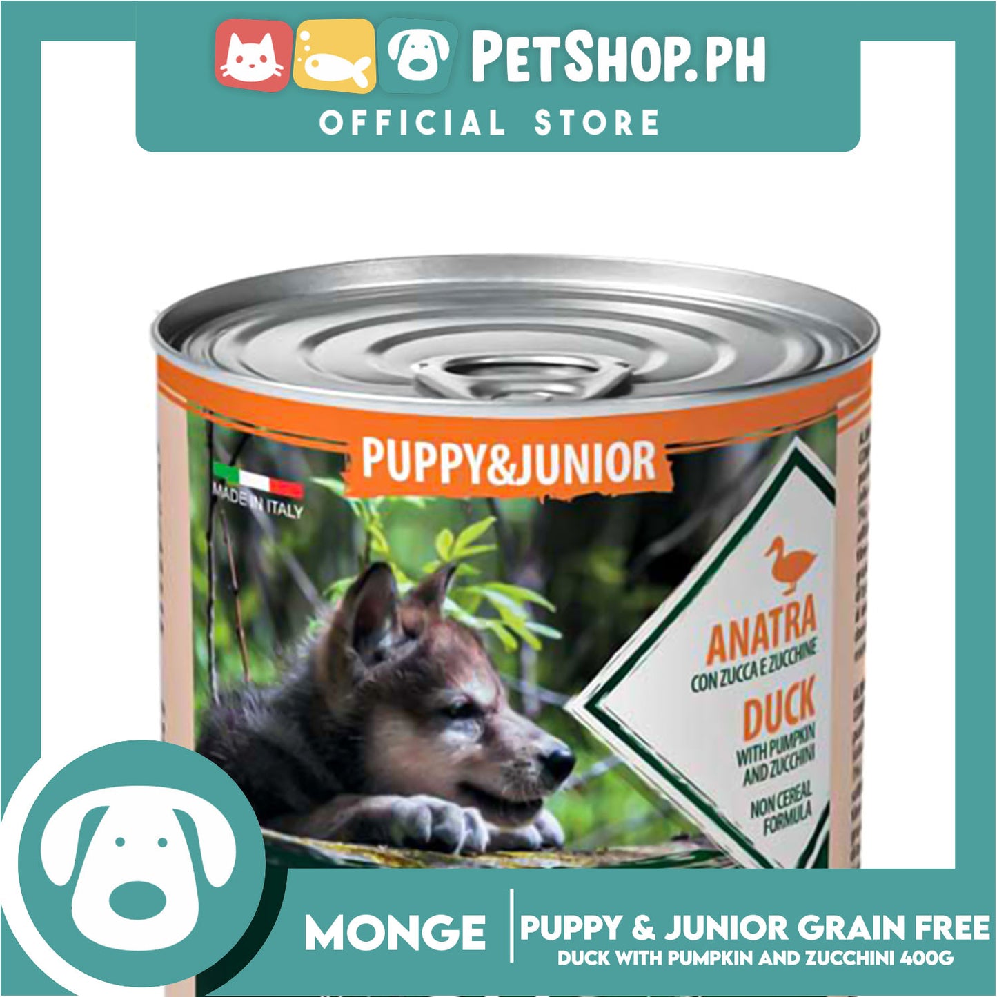 Monge Natural Superpremium BWild Feed The Instinct, Grain Free Wet Dog Food For Puppy And Junior 400g (Anatra, Duck) Chunks Irregular Cut In Gravy, Dog Canned Food