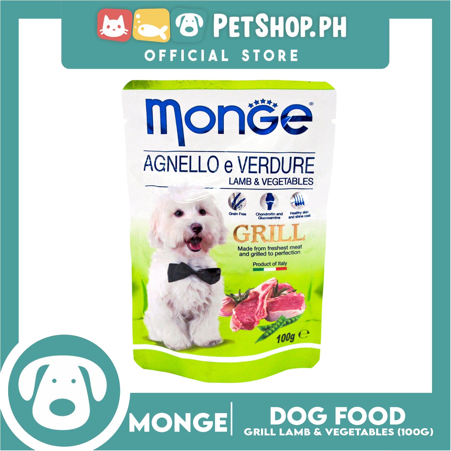 Monge Pouch Grill Chunkies Dog Food 100g (Lamb And Vegetables) Grain Free And Helps Dog Shiny Hair