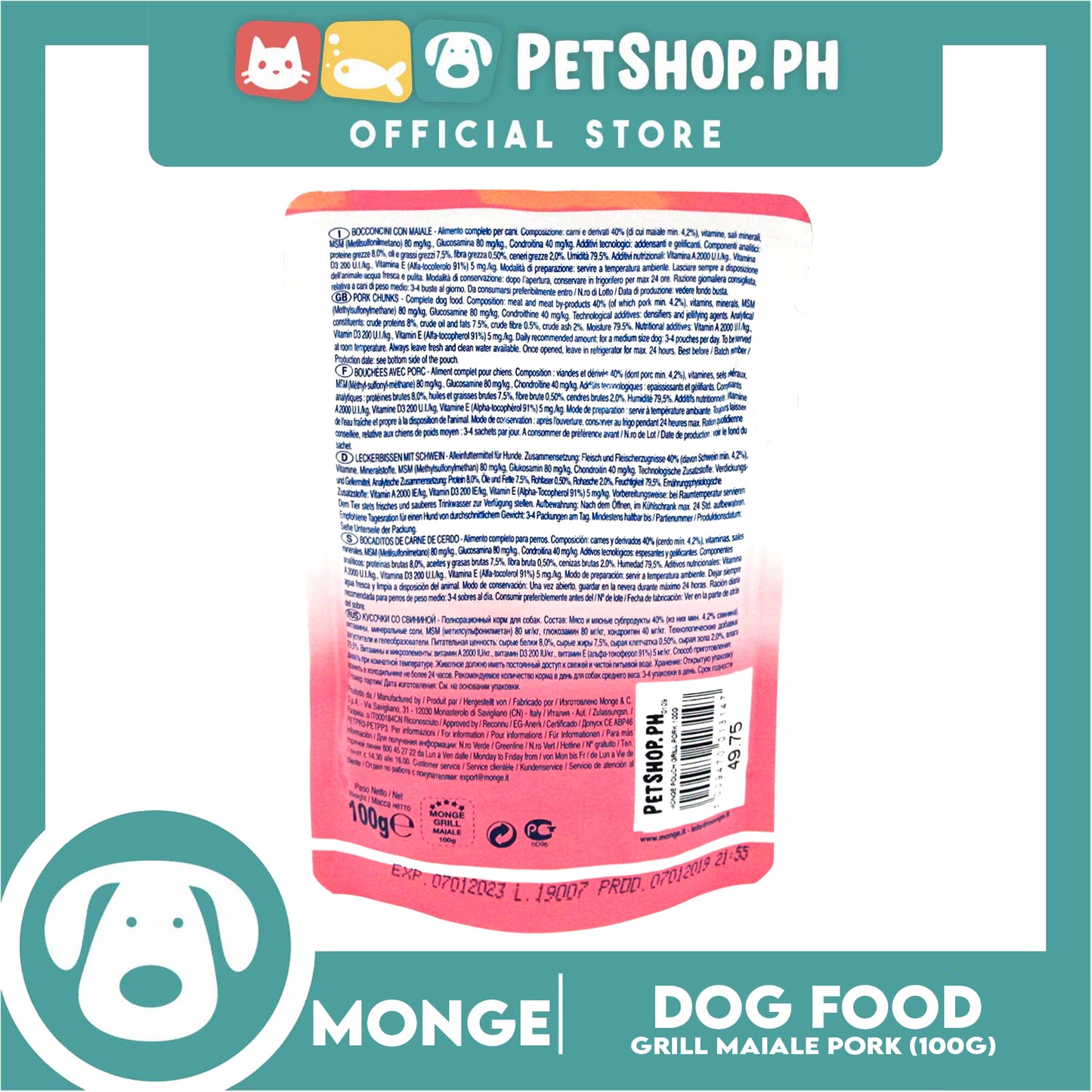 Monge Pouch Grill Chunkies Dog Food 100g (Maiale Pork) Grain Free And Helps Dog Shiny Hair