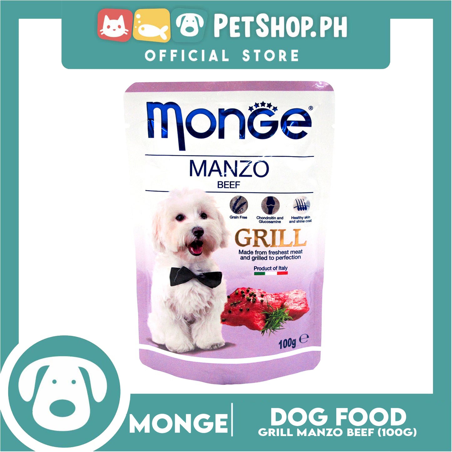 Monge Pouch Grill Chunkies Dog Food 100g (Manzo Beef) Grain Free And Helps Dog Shiny Hair