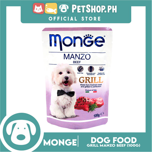 Monge Pouch Grill Chunkies Dog Food 100g (Manzo Beef) Grain Free And Helps Dog Shiny Hair