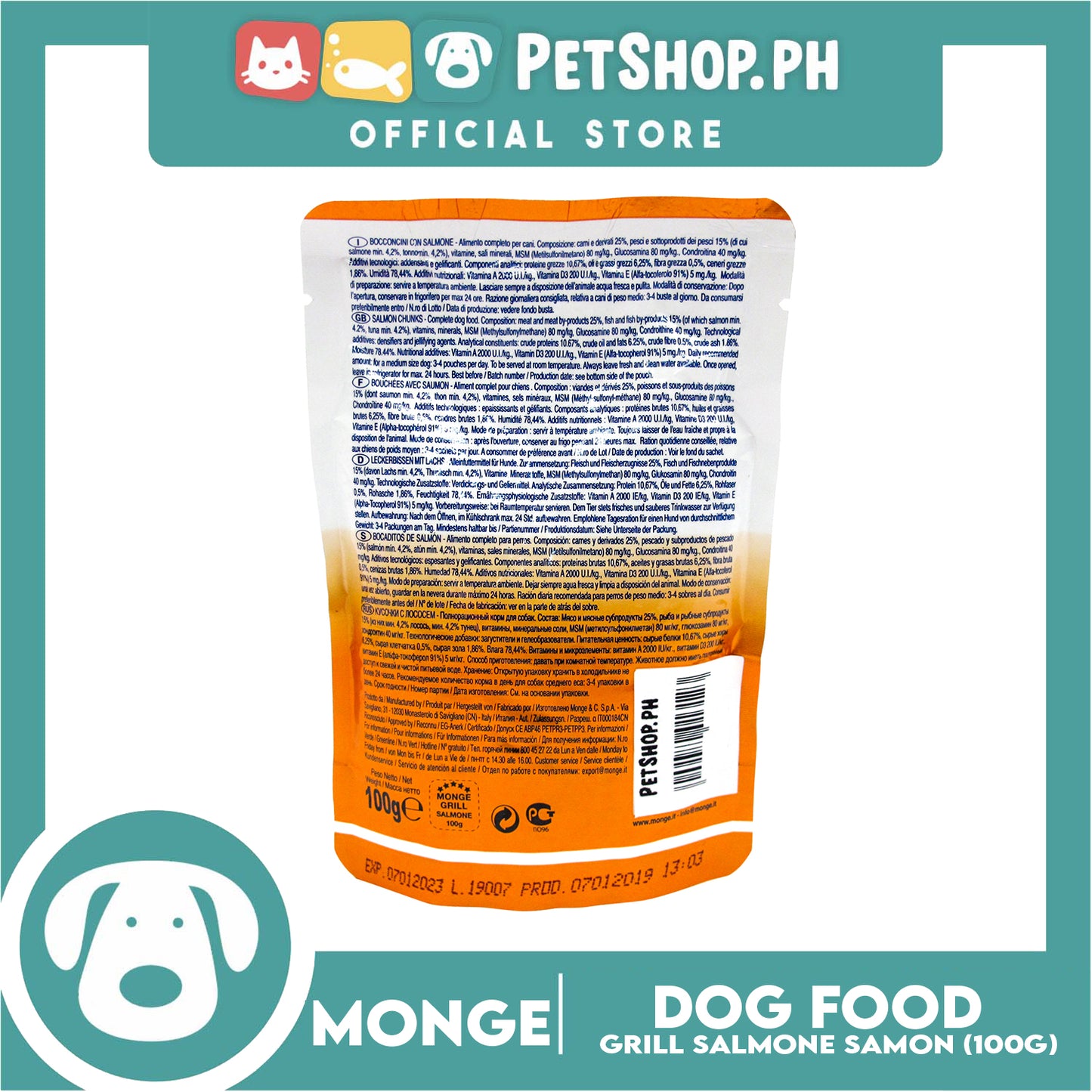 Monge Pouch Grill Chunkies Dog Food 100g (Salmon) Grain Free And Helps Dog Shiny Hair