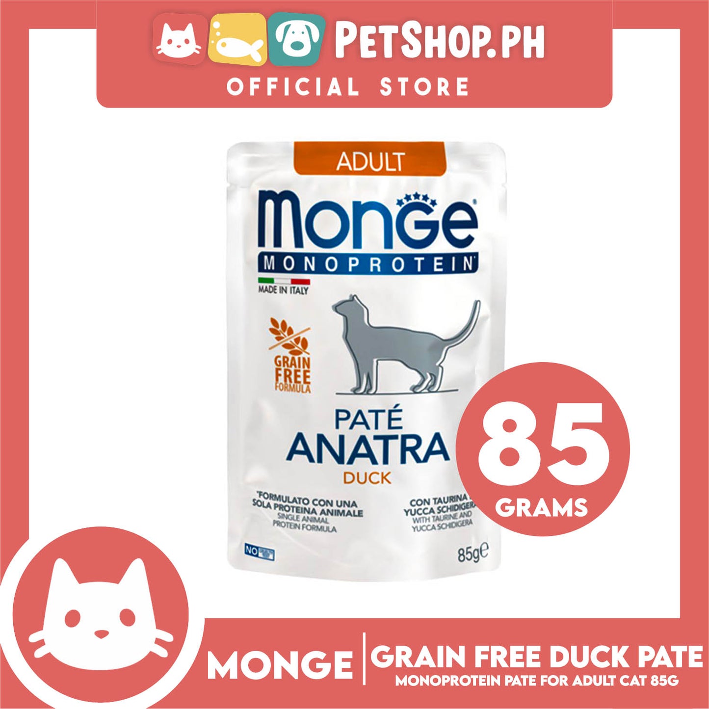 Monge Monoprotein Pate Wet Cat Food In Pouch For Adult, Grain Free 85g (Pate Anatra, Duck)