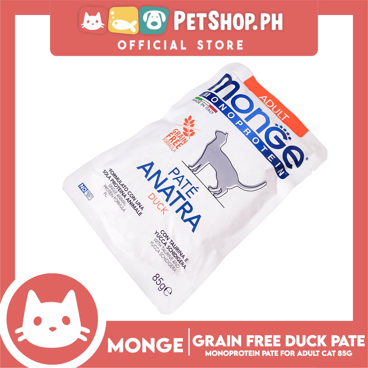 Monge Monoprotein Pate Wet Cat Food In Pouch For Adult, Grain Free 85g (Pate Anatra, Duck)